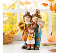 Glitzhome Decoración de mesa familiar de espantapájaros de resina de otoño de 10.5 pulgadas de alto, figuras de espantapájaros hechas a mano con letrero de Hello Fall, decoraciones de otoño para el