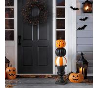 Glitzhome Decoración de porche de calabaza apilada de Halloween de 27 pulgadas de alto, estatua de calabaza MGO con urna negra, decoraciones de Halloween para interiores y exteriores, puerta delantera