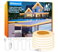 Gliztech Tira LED COB Exterior Impermeable IP67 Enchufe Directo AC 220V, Tira LED para Exteriores con Controlador de Doble Fusible, Luz LED Adhesiva para Jardín, Decoración Comercial (30M, 2700k)