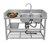 GLJTUO Fregadero Doble portátil de Acero Inoxidable para Exteriores con Grifo de Agua fría y Caliente, Ideal para Patios Traseros, garajes y restaurantes.