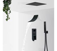 GLJTUO Kit de grifería de Ducha de Lluvia y Cascada en Negro Mate con Pantalla Digital LCD, Sistema de Ducha para baño, grifos mezcladores de Ducha de 2/3 vías, 3 vías, 16 pulga,3-Way 10in Watfall a