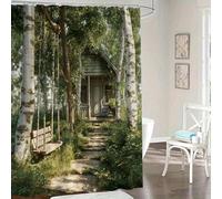 GLKSDLPO 1 Cortina de Ducha Serene Rustic Forest con diseño de cabaña de Madera Envejecida y Columpio de Porche - Luz Solar moteada a través de abedules (180x215cm/71x85in(WxH))