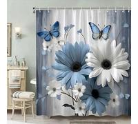GLKSDLPO Cortina de Ducha con Mariposas Florales Azules y Blancas: Elegante diseño Natural, Flores Vibrantes y Fondo Gris Suave para la decoración del baño (200x200cm/79x79in(WxH))