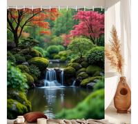 GLKSDLPO Cortina de Ducha de Lujo Estilo jardín Zen japonés con Estampado de Cascada y Naturaleza, decoración de baño con diseño de Musgo y Sakura (140 x 200 cm / 55 x 79 Pulgadas (WxH)