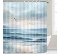 GLKSDLPO Cortina de Ducha Playera, Pintura al óleo Costera Color Verde Azulado, océano, Olas, Gaviota, Paisaje Natural, Accesorios de decoración de baño (150x200cm/59x79in(WxH))
