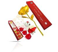 GLLOREE Rosa dorada de 24 quilates, rosa chapada en oro de 24 quilates, regalo para novia, rosa dorada, regalo de San Valentín, romántico, juego de caja de regalo con lámina de oro de 24 quilates,