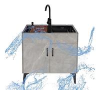 GLMGBP Fregadero Comercial de un Solo tazón, Fregadero de Servicio Independiente, Fregadero de Cocina Gris con Grifo de Agua fría y Caliente, Unidad de escurridor y estantes de Almacenamiento para