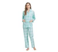 GLOBAL Conjunto de Pijama Mujer 100% Algodón Manga Larga Botones Mujer Ropa Dormir Suave Transpirable PJS,Tartán Verde,XXL