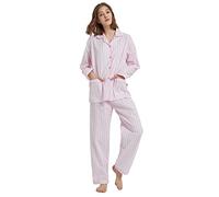 GLOBAL Conjunto de Pijama Mujer 100% Algodón Manga Larga Botones Mujer Ropa Dormir Suave Transpirable PJS,Rayas Rosas,3XL