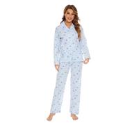 GLOBAL Conjunto de Pijama Mujer 100% Algodón Manga Larga Botones Mujer Ropa Dormir Suave Transpirable PJS,Flor Azul,M