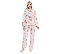 GLOBAL Conjuntos de Pijama para Mujer Algodón Ropa Dormir Manga Larga Estar en Casa Botones y Bolsillos Comodo Flores Rosas S