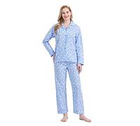 GLOBAL Conjuntos de Pijama para Mujer Algodón Ropa Dormir Manga Larga Estar en Casa Botones y Bolsillos Comodo Flores Azules L