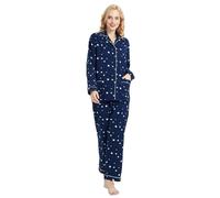 GLOBAL Pijama de Franela y Algodón para Mujer, Conjunto Largo Suave y Cómodo, Camisón Con Botones, Cintura Elástica Ajustable, Regalo, Estrella Azul M