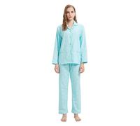 GLOBAL Pijama de Franela y Algodón para Mujer, Conjunto Largo Suave y Cómodo, Camisón Con Botones, Cintura Elástica Ajustable, Regalo Verde Con Puntos Blancos, Talla M
