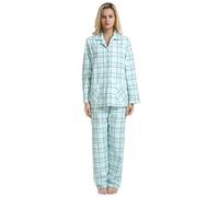 GLOBAL Pijama de Franela y Algodón para Mujer, Conjunto Largo Suave y Cómodo, Camisón Con Botones, Cintura Elástica Ajustable, Regalo, Tela Escocesa Verde L