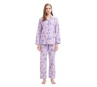 GLOBAL Pijama de Franela y Algodón para Mujer, Conjunto Largo Suave y Cómodo, Camisón con Botones, Cintura Elástica Ajustable, Regalo con Flores Moradas L