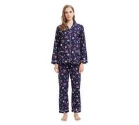 GLOBAL Pijama de Franela y Algodón Para Mujer, Conjunto Largo Suave y Cómodo, Camisón Con Botones, Cintura Elástica Ajustable, Regalo Navideño, Azul, Bastón de Caramelo, Talla M