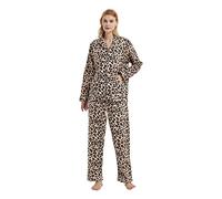 GLOBAL Pijama de Franela y Algodón para Mujer, Conjunto Largo Suave y Cómodo, Camisón Con Botones, Cintura Elástica Ajustable, Regalo, Leopardo Marrón L