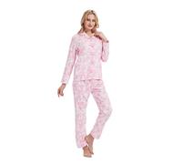 GLOBAL Pijama de Franela y Algodón para Mujer, Conjunto Largo Suave y Cómodo, Camisón Con Botones, Cintura Elástica Ajustable, Regalo, Moños Rosados, M