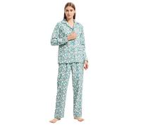 GLOBAL Pijama de Franela y Algodón para Mujer, Conjunto Suave y Cómodo, Camisón con Botones, Cintura Elástica Ajustable, Regalo, Flor Verde Elegante L
