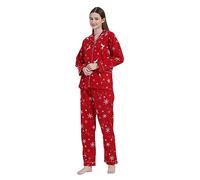 GLOBAL Pijama Franela Mujer, Conjunto Algodón Largo, Suave y Cómodo, Camisón Con Botones, Cintura Elástica Ajustable, Regalo Mujeres Rojo, Reno XL