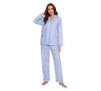 GLOBAL Pijama Franela Mujer, Conjunto Algodón Largo, Suave y Cómodo, Camisón Con Botones, Cintura Elástica Ajustable, Regalo, Pequeñas Flores Azules L