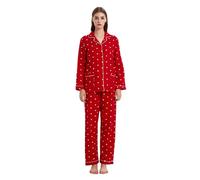 GLOBAL Pijama Mujer Franela, Algodón Largo, Conjunto Suave y Cómodo, Camisón Con Botones, Cintura Elástica Ajustable, Regalo, Rojo, Puntos Blancos, L