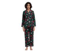 GLOBAL Pijama Mujer Franela, Algodón Largo, Conjunto Suave y Cómodo, Camisón Con Botones, Cintura Elástica Ajustable, Regalo Verde, Renos Navideños Rojos L