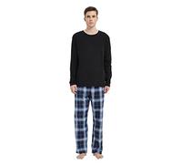 GLOBAL Pijamas Hombre Franela Cómodo Ropa Dormir Largo Suave Conjunto de Algodón Hombre Manga Larga Cuello Redondo y Pantalones Cuadros Top Negro, Pantalones Cuadros Azul Marino L