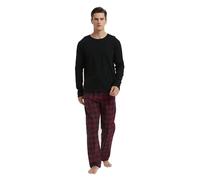 GLOBAL Pijamas Hombre Franela Cómodo Ropa Dormir Largo Suave Conjunto de Algodón Hombre Manga Larga Cuello Redondo y Pantalones Cuadros Top Negro, Pantalón Cuadros Rojos Negros L
