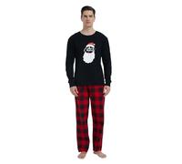 GLOBAL Pijamas Hombre Franela Cómodo Ropa Dormir Largo Suave Conjunto de Algodón Hombre Manga Larga Cuello Redondo y Pantalones Cuadros Rojo Negro M