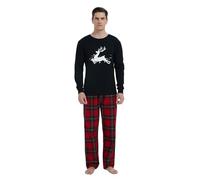 GLOBAL Pijamas Hombre Franela Cómodo Ropa Dormir Largo Suave Conjunto de Algodón Hombre Manga Larga Cuello Redondo y Pantalones Cuadros Rojos L