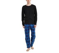 GLOBAL Pijamas Hombre Franela Cómodo Ropa Dormir Largo Suave Conjunto de Algodón Hombre Manga Larga Cuello Redondo y Pantalones Cuadros Top Negro, Pantalón Cuadros Azul Negro L
