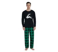 GLOBAL Pijamas Hombre Franela Cómodo Ropa Dormir Largo Suave Conjunto de Algodón Hombre Manga Larga Cuello Redondo y Pantalones Cuadros Verde Negro S