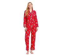 GLOBAL Pijamas Mujer Franela, Algodón Largo, Conjunto Suave y Cómodo, Camisón Botones, Cintura Elástica Ajustable, Regalo para Mujeres Rojo, Perros