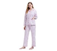 GLOBAL Pijamas Mujer Franela, Pijamas Algodon Mujer Largos, Conjunto de Pijama Suave y Cómodo, Camisones Mujer Botones, Cintura Elástica Ajustable,Regalo Mujeres,Flor Rosa Fantasia L