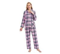 GLOBAL Pijamas Mujer Franela, Pijamas Algodon Mujer Largos, Conjunto de Pijama Suave y Cómodo, Camisones Mujer Botones, Cintura Elástica Ajustable,Regalo Mujeres Rosa/Azul, Cuadros L