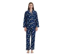 GLOBAL Pijamas Mujer Franela, Pijamas Algodon Mujer Largos, Conjunto de Pijama Suave y Cómodo, Camisones Mujer Botones,Cintura Elástica Ajustable,Regalo Mujeres Copos de Nieve Azules L