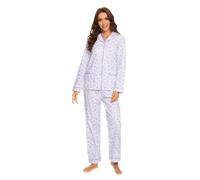 GLOBAL Pijamas Mujer Franela, Pijamas Algodon Mujer Largos, Conjunto de Pijama Suave y Cómodo, Camisones Mujer Botones, Cintura Elástica Ajustable,Regalo Mujeres,Flores Moradas Lindas L