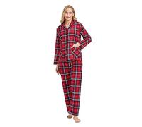 GLOBAL Pijamas Mujer Franela, Pijamas Algodon Mujer Largos, Conjunto de Pijama Suave y Cómodo, Camisones Mujer Botones, Cintura Elástica Ajustable,Regalo Mujeres Rojo/Azul/Blanco, Cuadros L