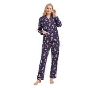 GLOBAL Pijamas Mujer Franela, Pijamas Algodon Mujer Largos, Conjunto de Pijama Suave y Cómodo, Camisones Mujer Botones, Cintura Elástica Ajustable,Regalo Mujeres Azul, Perros L