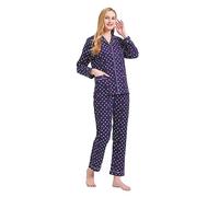 GLOBAL Pijamas Mujer Franela, Pijamas Algodon Mujer Largos, Conjunto de Pijama Suave y Cómodo, Camisones Mujer Botones, Cintura Elástica Ajustable,Regalo Mujeres Azul, Manchas de Color L