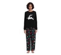 GLOBAL Pijamas Mujer Franela, Pijamas Algodon Mujer Largos Cuello Redondo, Conjunto de Pijama Suave y Cómodo, Cintura Elástica Ajustable，Regalo Mujeres Verde Renos Navideños Rojos M