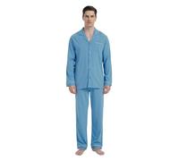 GLOBAL Pijamas para Hombre Algodón Camisa de Manga Larga con Pantalones de Pijama de Bolsillo Azul Claro L