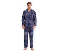 GLOBAL Pijamas para Hombre Franela Cómodo Ropa de Dormir Largo Suave Conjunto de Algodón Hombre Pijamas Manga Larga Botones y Pantalones Cintura Elástica Cordón Rojo/Azul/Gris, Cuadros S