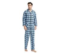 GLOBAL Pijamas para Hombre Franela Cómodo Ropa de Dormir Largo Suave Conjunto de Algodón Hombre Pijamas Manga Larga Botones y Pantalones Cintura Elástica Cordón,Cuadrícula Azul,L