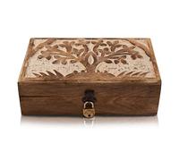 Global Village Bazaar Grandes ideas para regalos de cumpleaños, caja de joyería de madera decorativa hecha a mano Árbol de la vida tallado y cerradura Blanco 20 x 12 x 6 cms