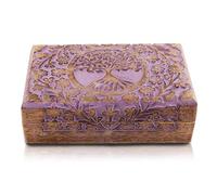 Global Village Bazaar Joyero de madera decorativo Hecho a mano, talladas en el árbol de la vida, caja de recuerdo, cofre del tesoro, soporte para baratijas, caja de reloj Violeta 20 x 12 x 6 cms
