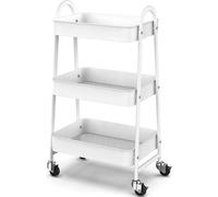 Globalmix Carro Estante móvil con 3 Niveles, con Ruedas, Almacenamiento, con asa, 2 Frenos, cestas de Metal, fácil de Montar, Dormitorio, Cocina, Oficina, baño (Blanco)