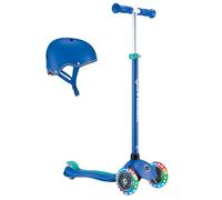 GLOBBER Primo Plus Lights - Patinete y casco para niños, 120/80 mm, 3 ruedas, altura regulable, ruedas LED, color azul